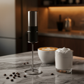 Stainless steel handheld milk frother with stand on marble surface with frothed milk