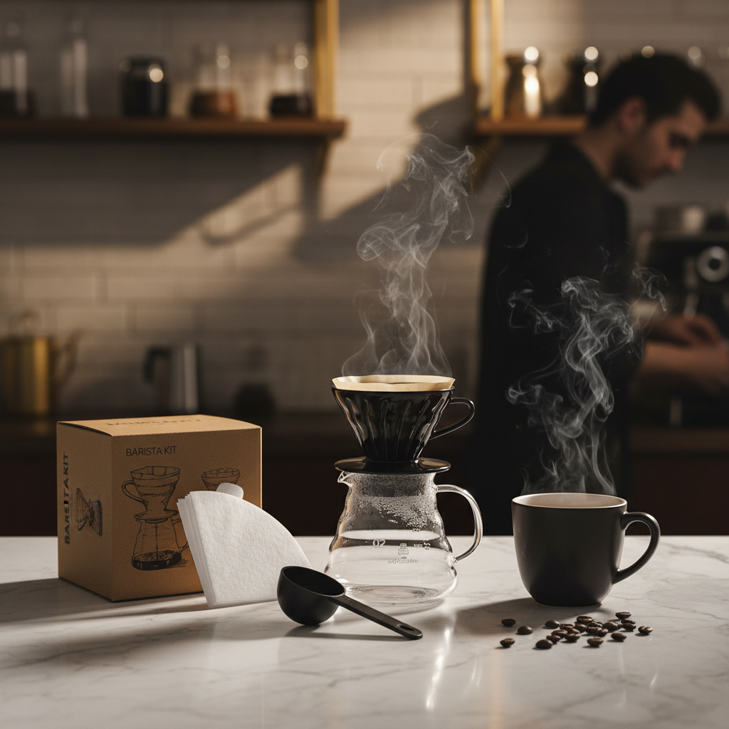 Pour over coffee kit with ceramic dripper, glass carafe, paper filter and scoop on marble surface