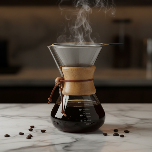 Glass pour over coffee server with wood collar, leather tie and stainless steel filter on marble surface