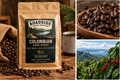 Roadside Coffee Roasters Colombian Dark Roast coffee bag with roasted beans and Colombian coffee farm