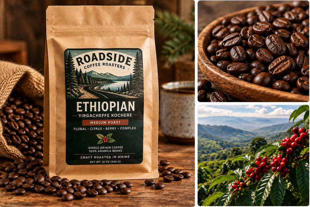 Roadside Coffee Roasters Ethiopian Yirgacheffe Kochere coffee bag with roasted beans and coffee farm