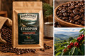 Roadside Coffee Roasters Ethiopian Yirgacheffe Kochere coffee bag with roasted beans and coffee farm