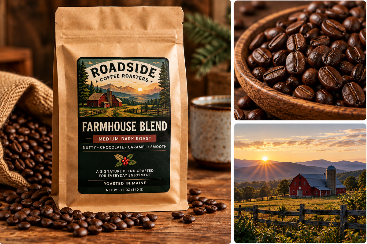 Roadside Coffee Roasters Farmhouse Blend coffee bag with roasted beans and farmhouse scene