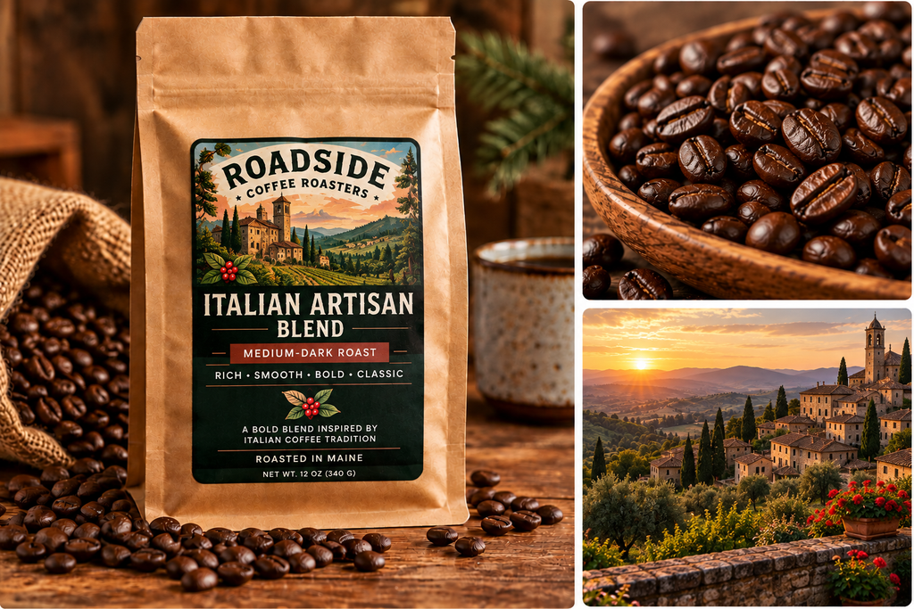 Roadside Coffee Roasters Italian Artisan Blend coffee bag with roasted beans and Italian countryside