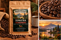 Roadside Coffee Roasters Sumatra dark roast coffee bag with roasted beans and Indonesian landscape