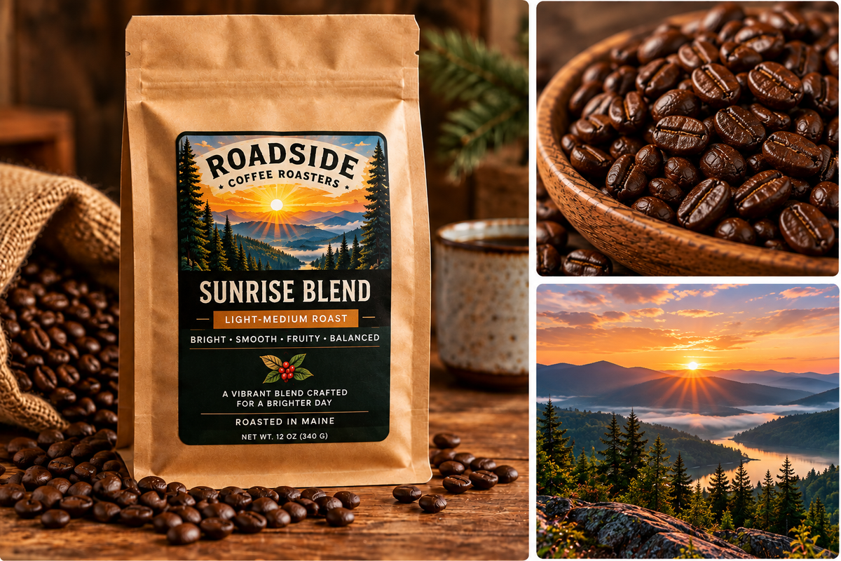 Roadside Coffee Roasters Sunrise Blend coffee bag with roasted beans and sunrise landscape